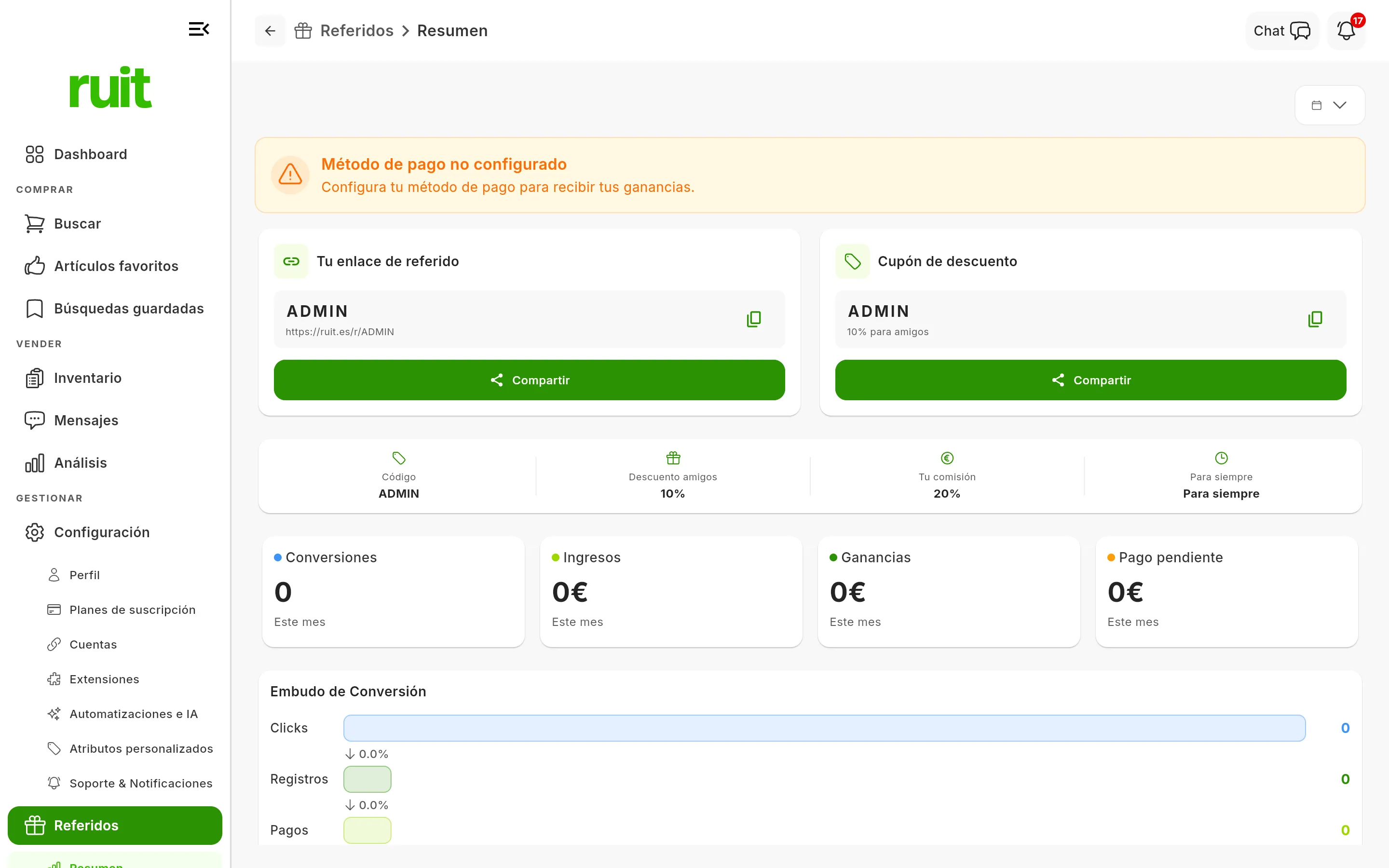 Pantalla de Referidos: arriba la tarjeta del enlace y la del cupón, y debajo una fila con cuatro datos (Código, Descuento amigos al 10%, Tu comisión al 20% y Para siempre), seguida de las tarjetas de Conversiones, Ingresos, Ganancias y Pago pendiente.
