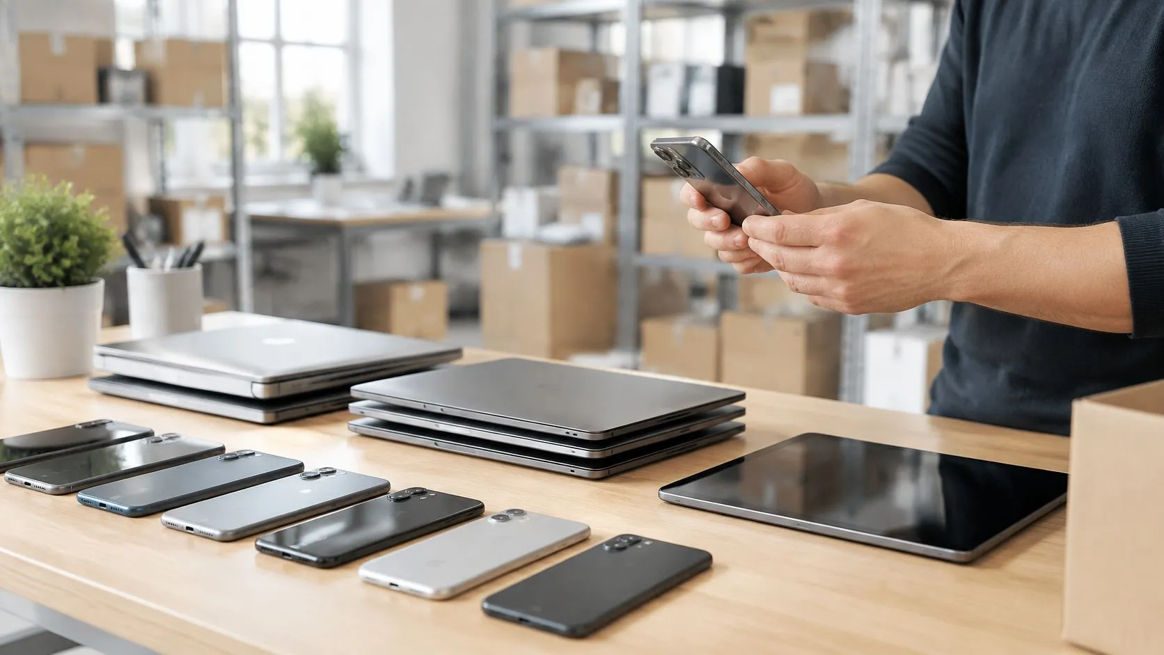 Une personne prépare des appareils électroniques reconditionnés pour l'expédition dans un entrepôt logistique bien organisé.