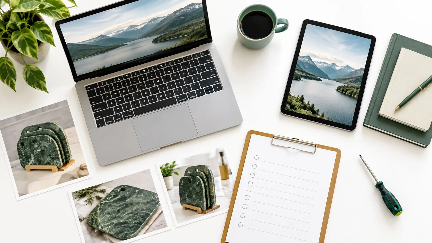 Un bureau organisé avec un ordinateur portable, une tablette, un carnet et des photos de produits en marbre.