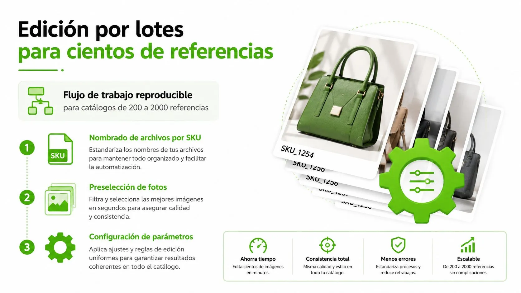 Gráfico que explica el proceso de edición por lotes automatizado para catálogos de cientos de productos.