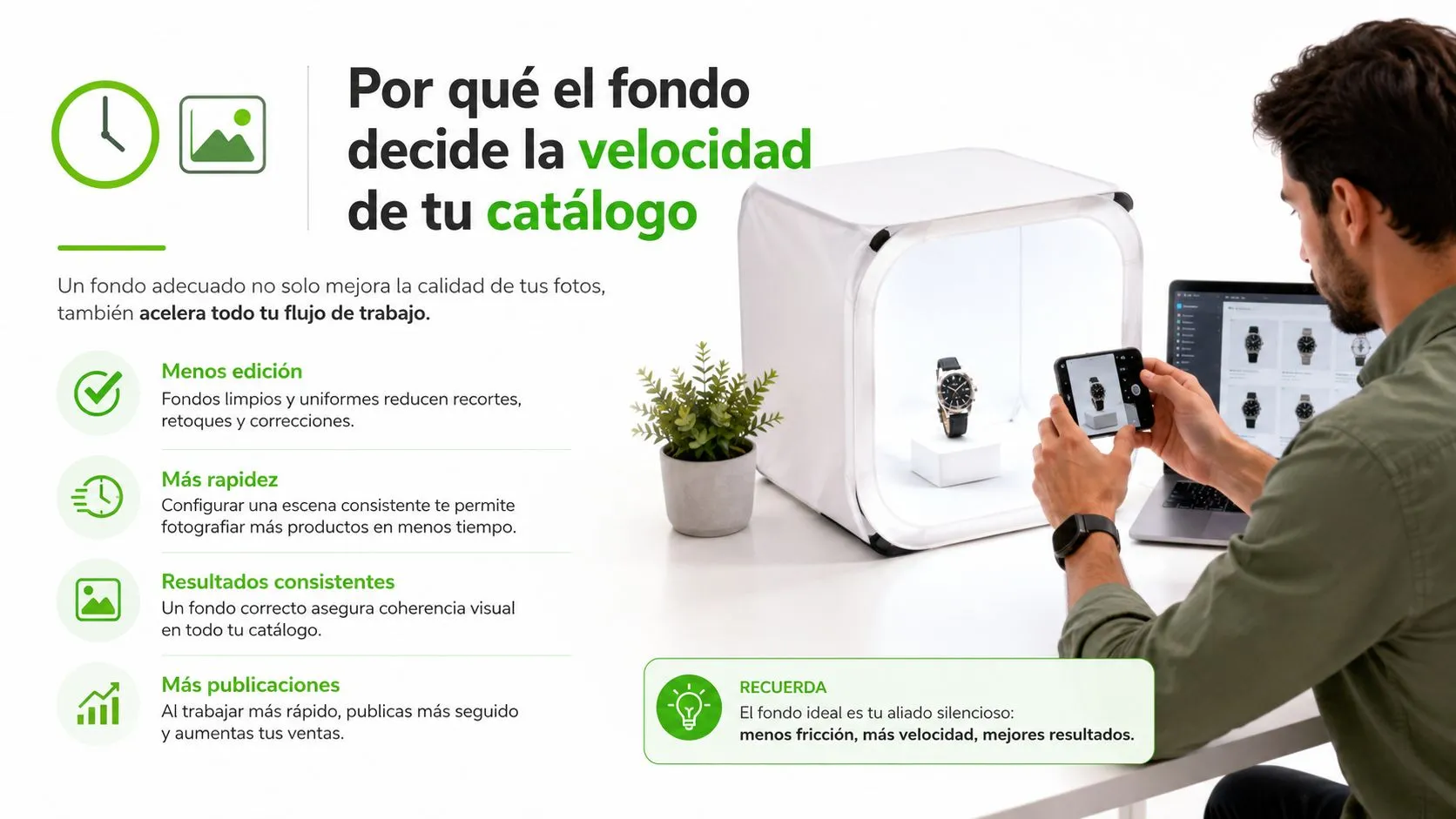 Un fotógrafo utilizando una caja de luz para fotografiar un reloj y mejorar la eficiencia de su catálogo.