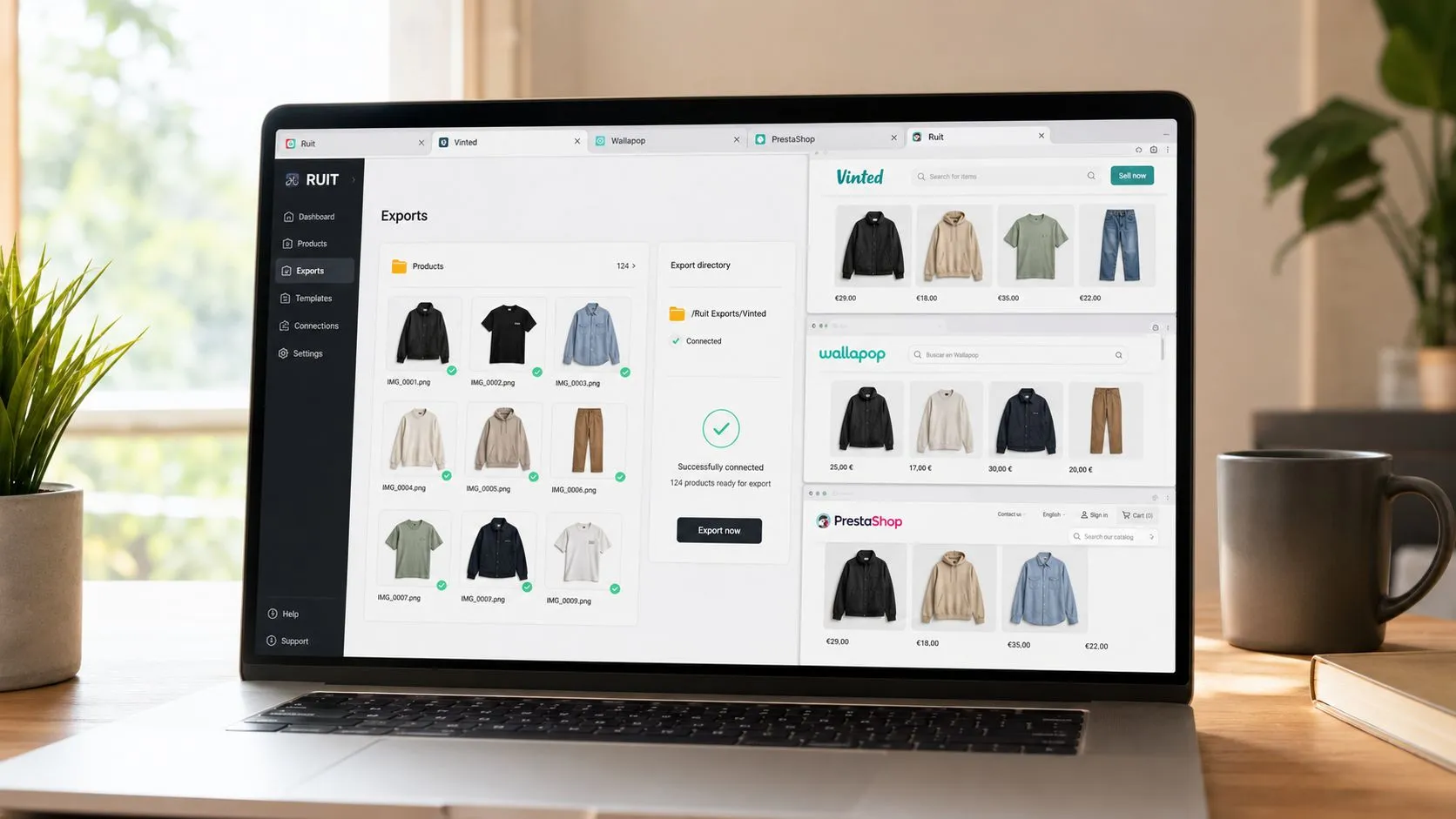 Pantalla de exportación de Ruit con 124 productos recortados sobre fondo blanco y verificados, junto a los mismos artículos ya publicados en Vinted, Wallapop y PrestaShop