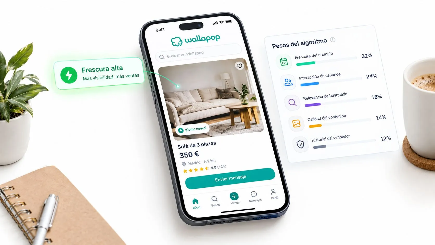Smartphone mostrando la aplicación Wallapop con un anuncio de sofá y los factores del algoritmo de visibilidad.