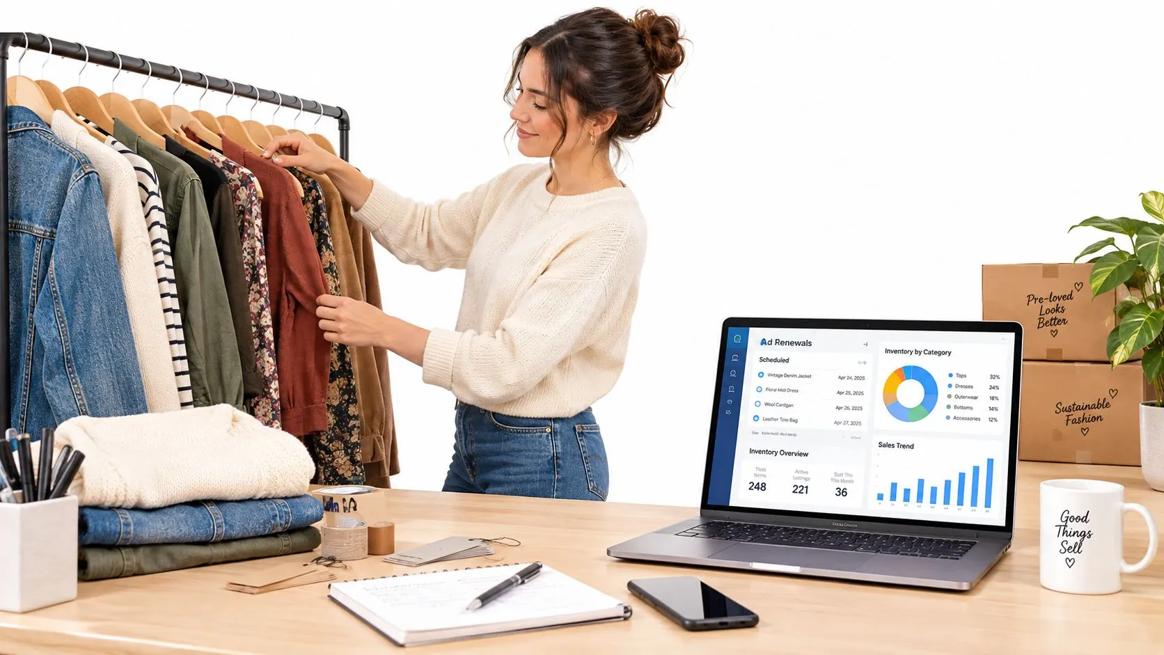 Una mujer emprendedora gestionando su inventario de ropa de segunda mano usando un ordenador portátil y percheros.