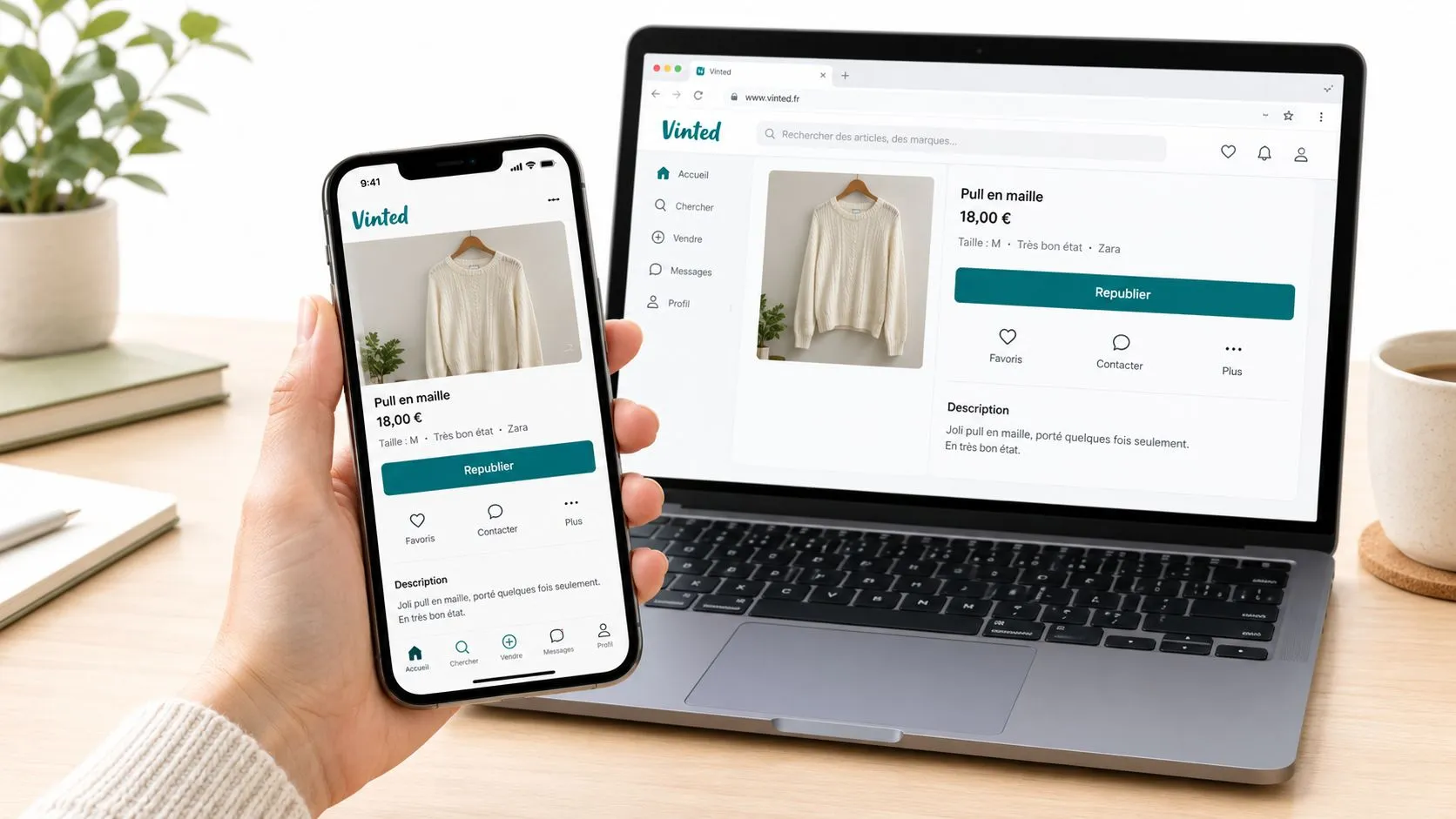 Une annonce Vinted de pull en maille affichée sur un téléphone et sur un ordinateur portable, avec le bouton Republier.