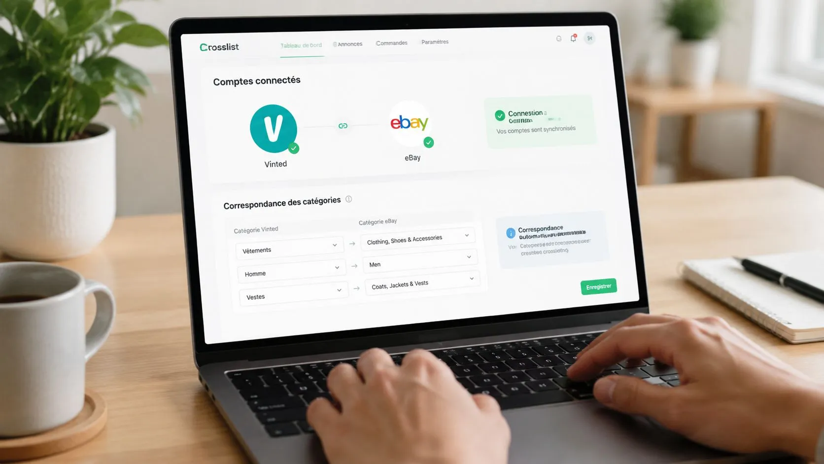 Interface de crosslisting affichant les comptes Vinted et eBay connectés, et la correspondance des catégories Vêtements > Homme > Vestes vers Clothing > Men > Coats.