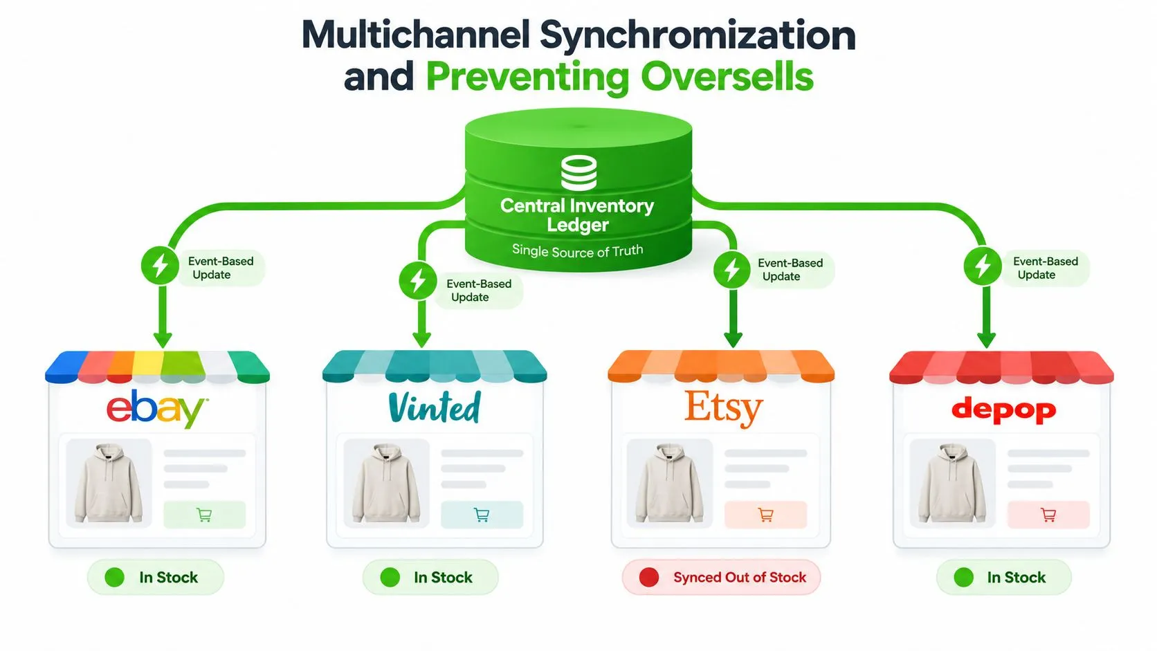 A diagram illustrating multichannel inventory synchronization between a central ledger and online stores like eBay and Etsy.