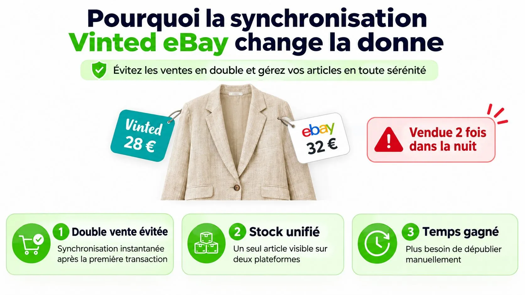 Illustration montrant les avantages de synchroniser ses inventaires de vente entre Vinted et eBay pour éviter les doublons.