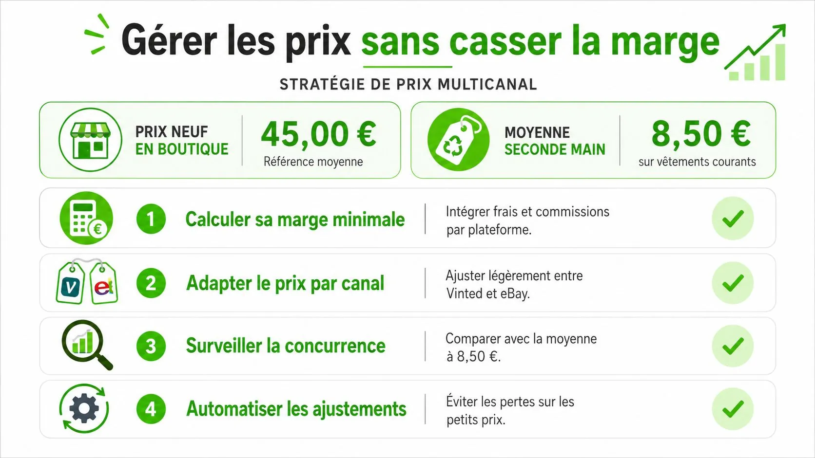 Infographie présentant une stratégie multicanal pour fixer les prix de vente de vêtements sans perdre de marge.