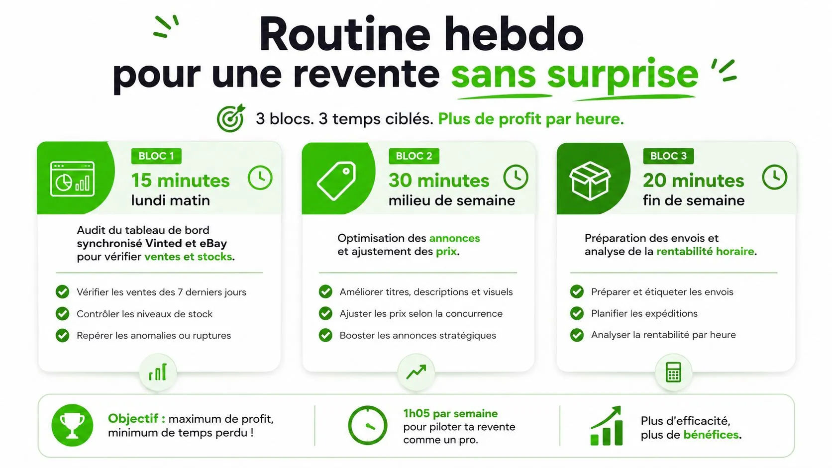 Une routine hebdomadaire en trois blocs pour optimiser la vente de vêtements sur Vinted et eBay efficacement.