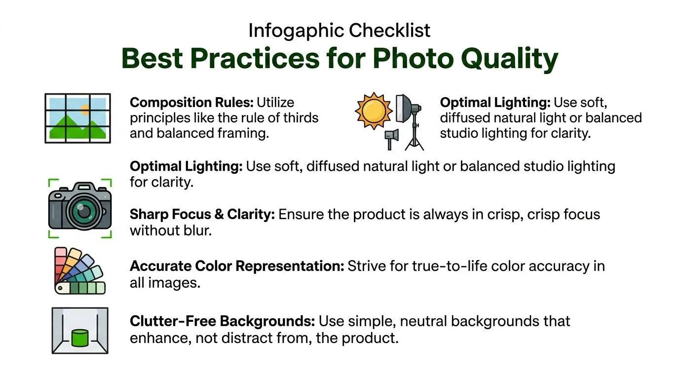 An infographic checklist outlining five best practices for achieving high-quality product photography for online sales.