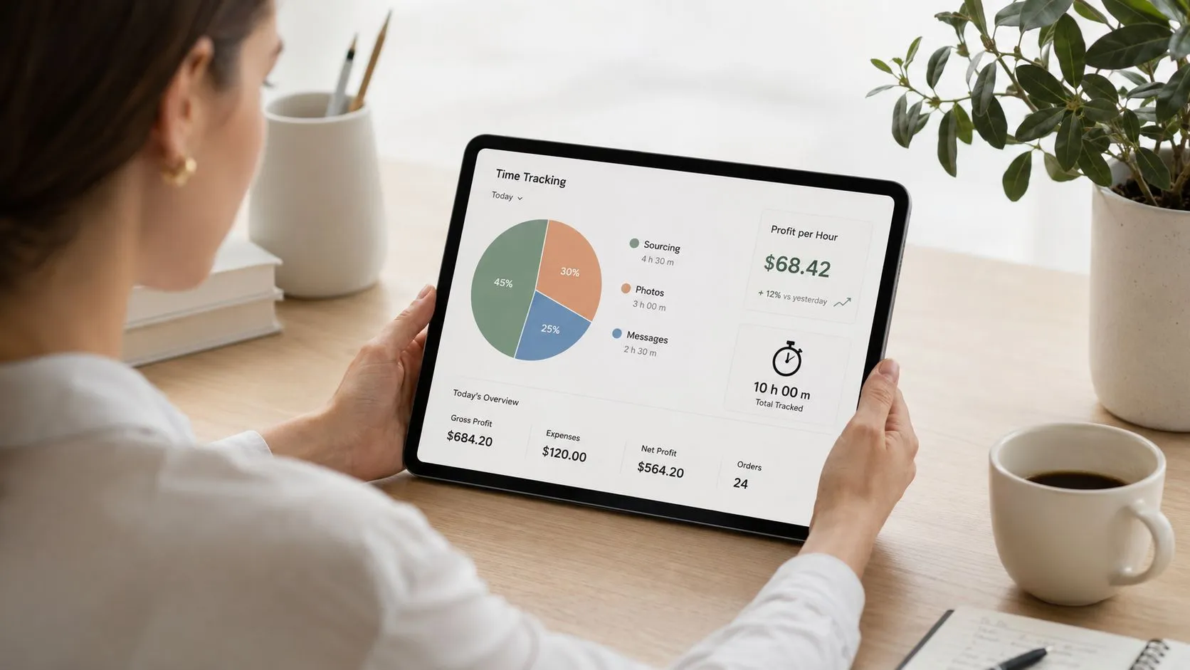 A professional analyzing a digital business time tracking and profit report on a tablet screen.