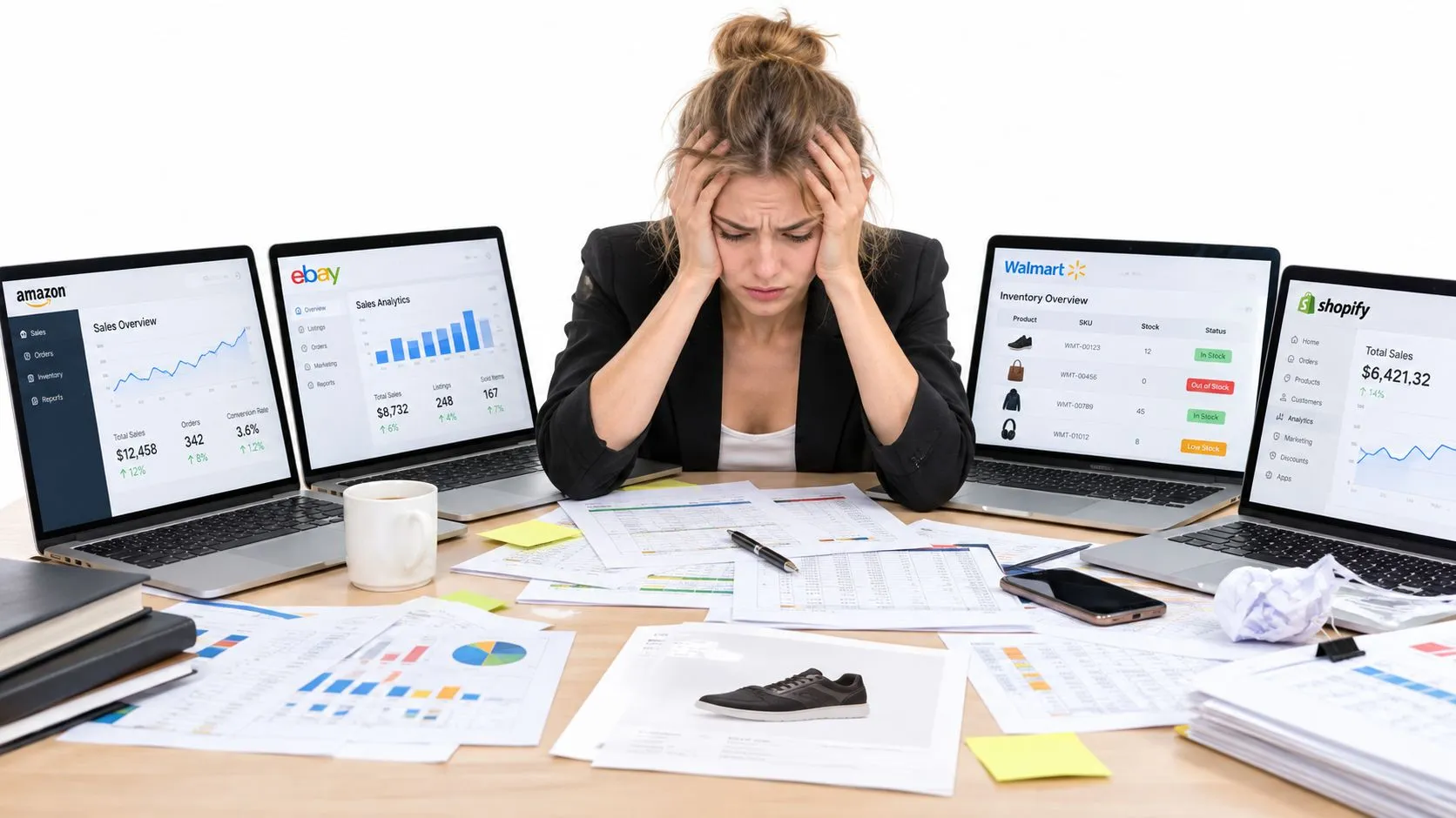 Une femme d'affaires stressée travaillant sur plusieurs ordinateurs affichant des tableaux de bord de vente en ligne.