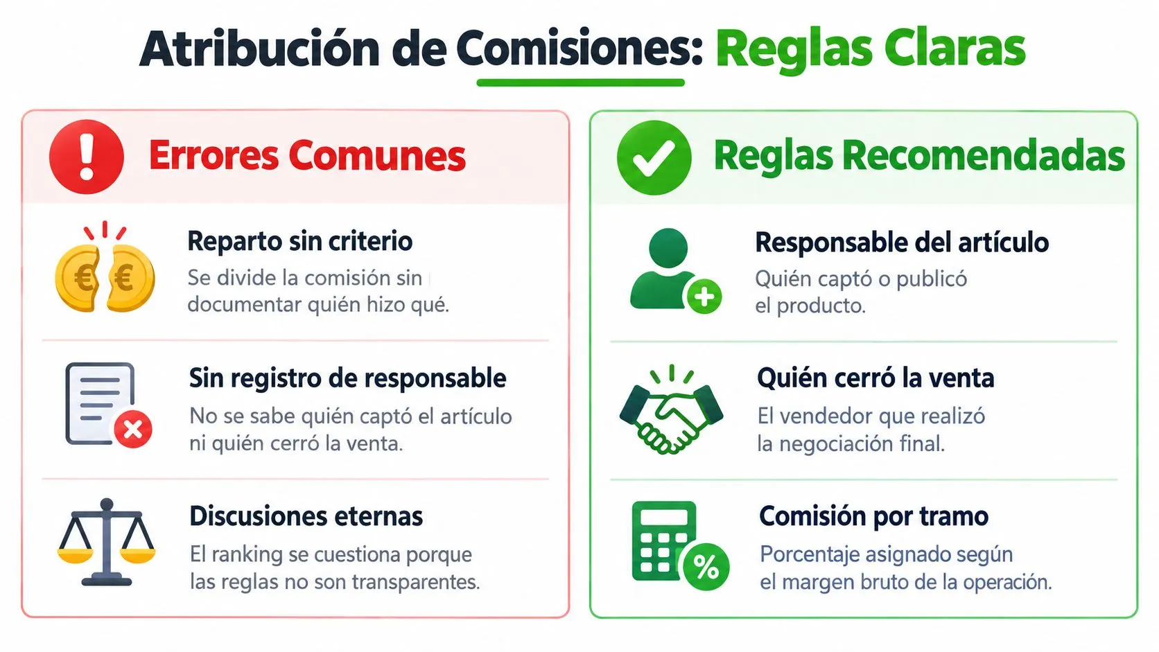 Infografía comparativa sobre reglas claras para la atribución de comisiones de ventas en equipos comerciales.