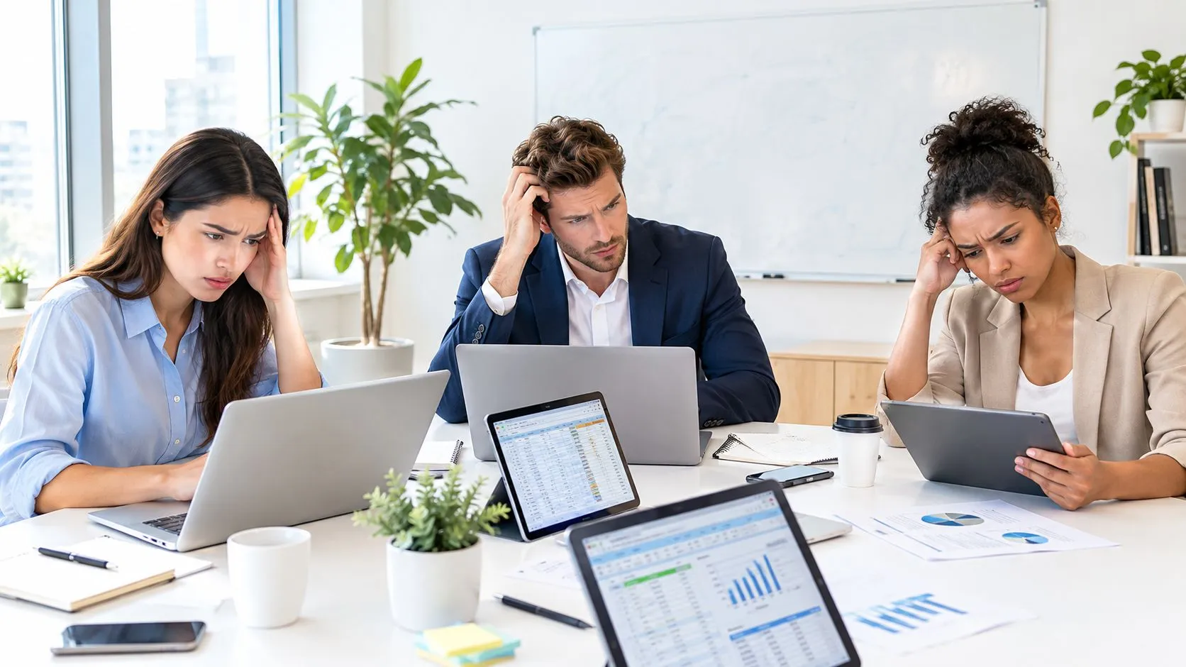 Tres profesionales de negocios se ven estresados mientras trabajan frente a sus computadoras en una oficina moderna.