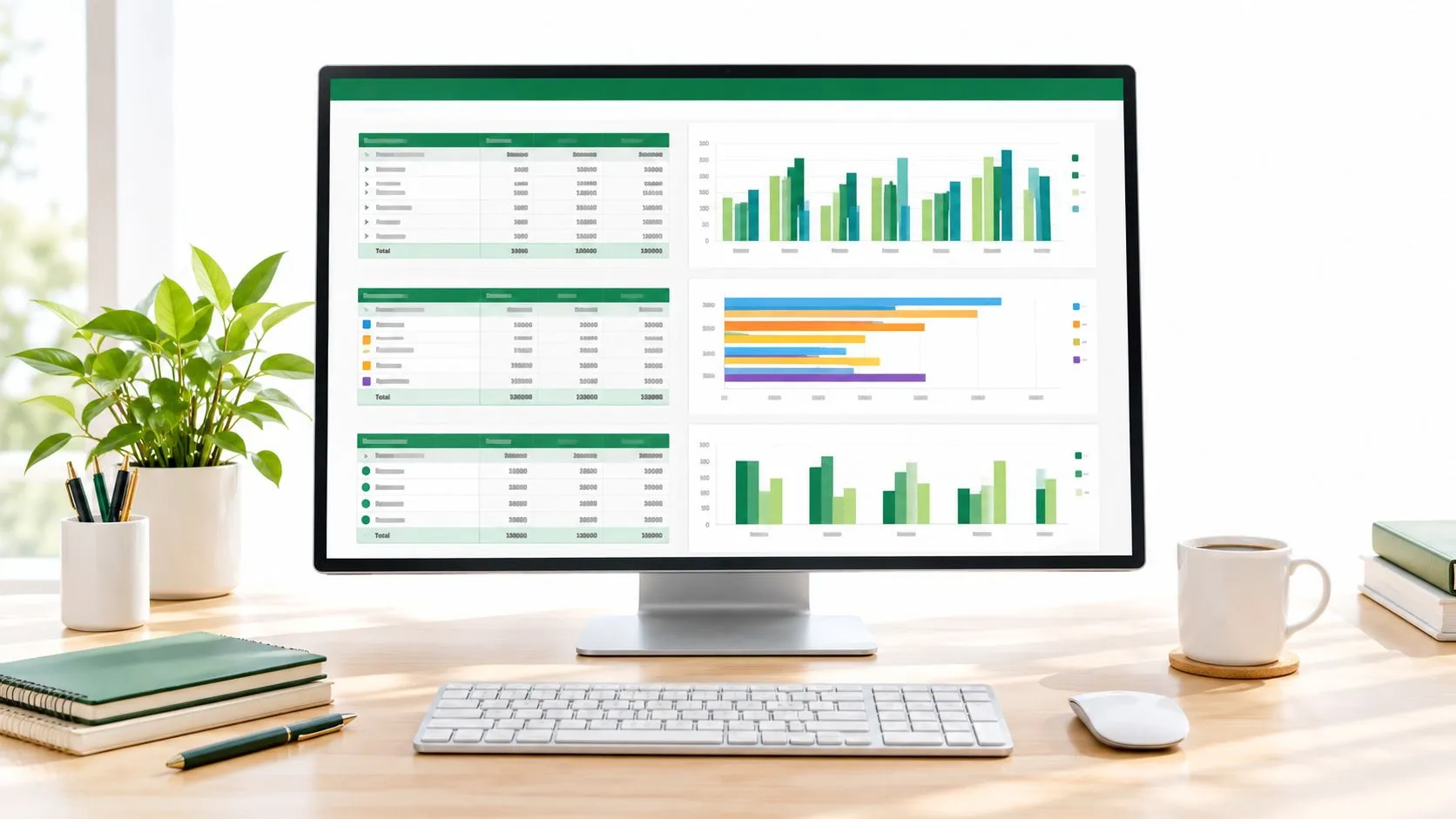 Una pantalla de ordenador mostrando un panel de control con gráficos financieros de ventas y tablas Excel.