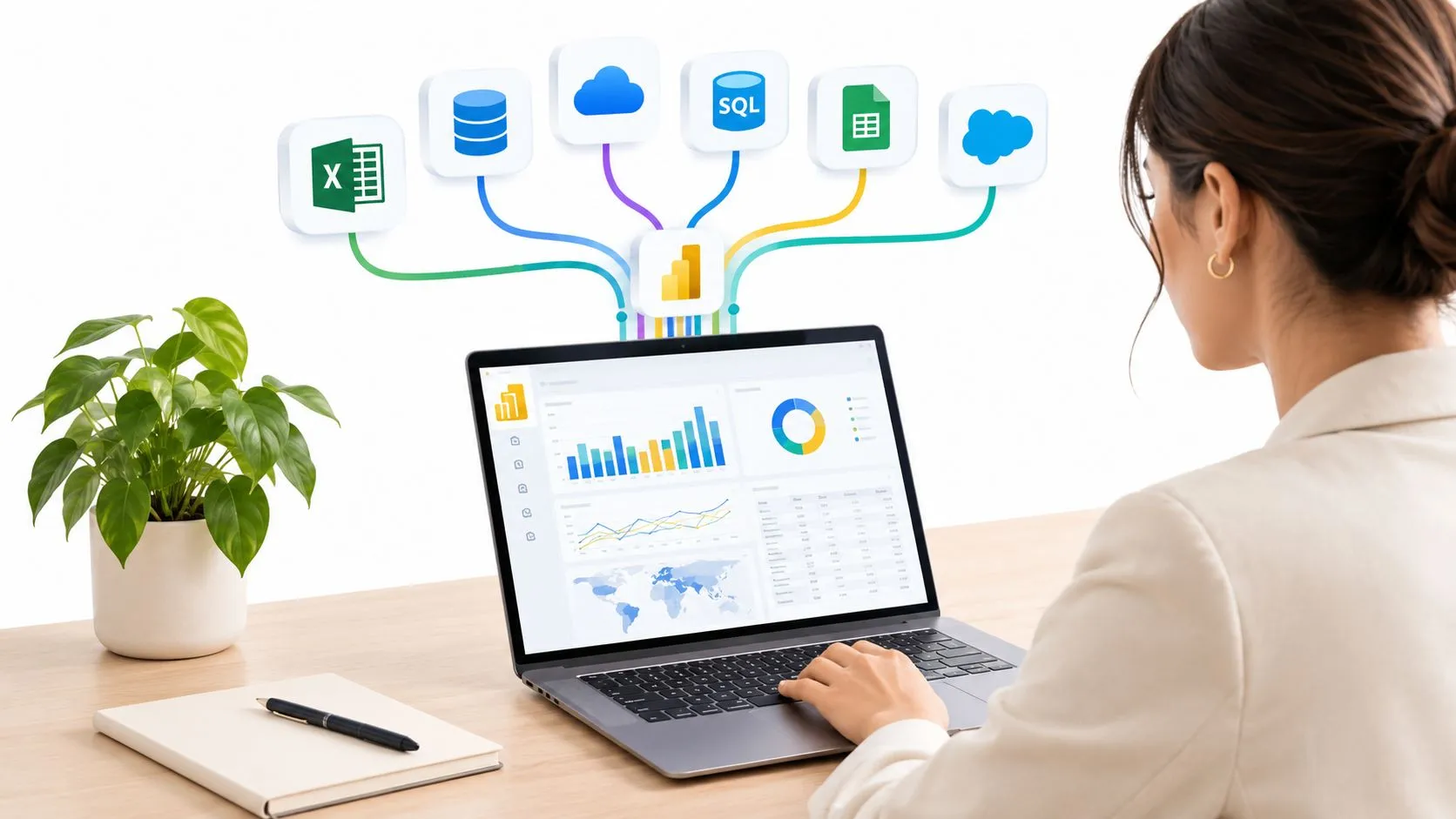 Una mujer trabaja en un portátil analizando datos mediante un panel de control de Power BI profesional.