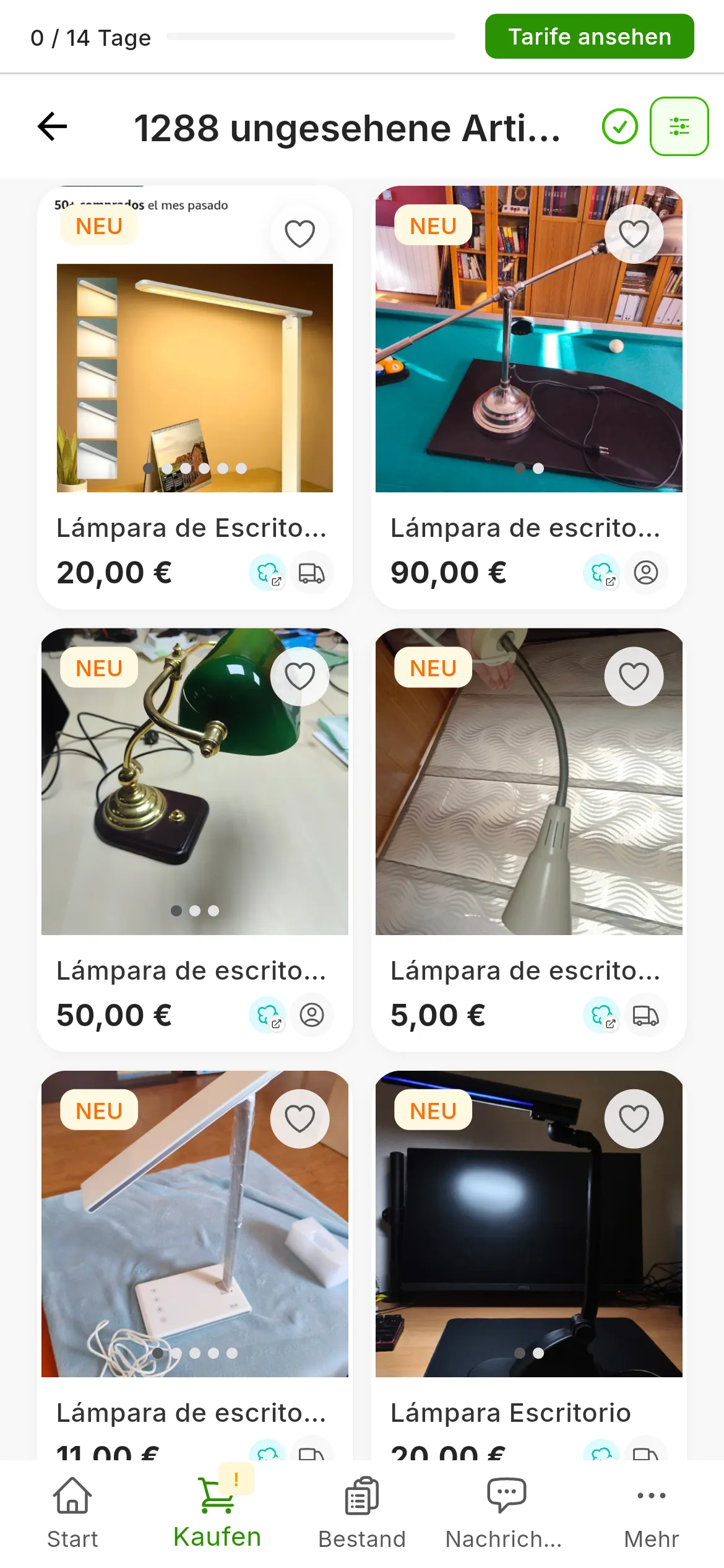 Die Artikel, die die gespeicherten Suchen gefunden haben, mit dem Etikett NEU, und oben die Schaltfläche Alle als gesehen markieren