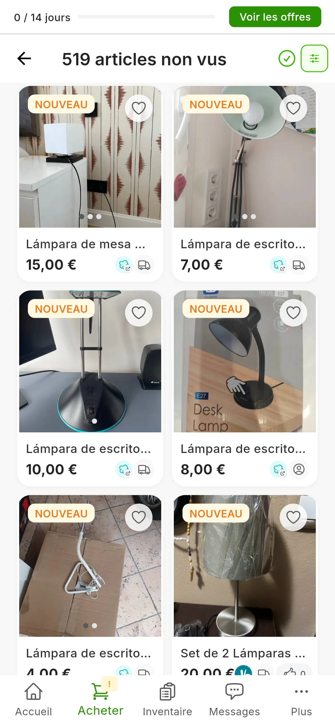 Les articles trouvés par les alertes, avec l'étiquette NOUVEAU, et en haut le bouton Tout marquer comme vu