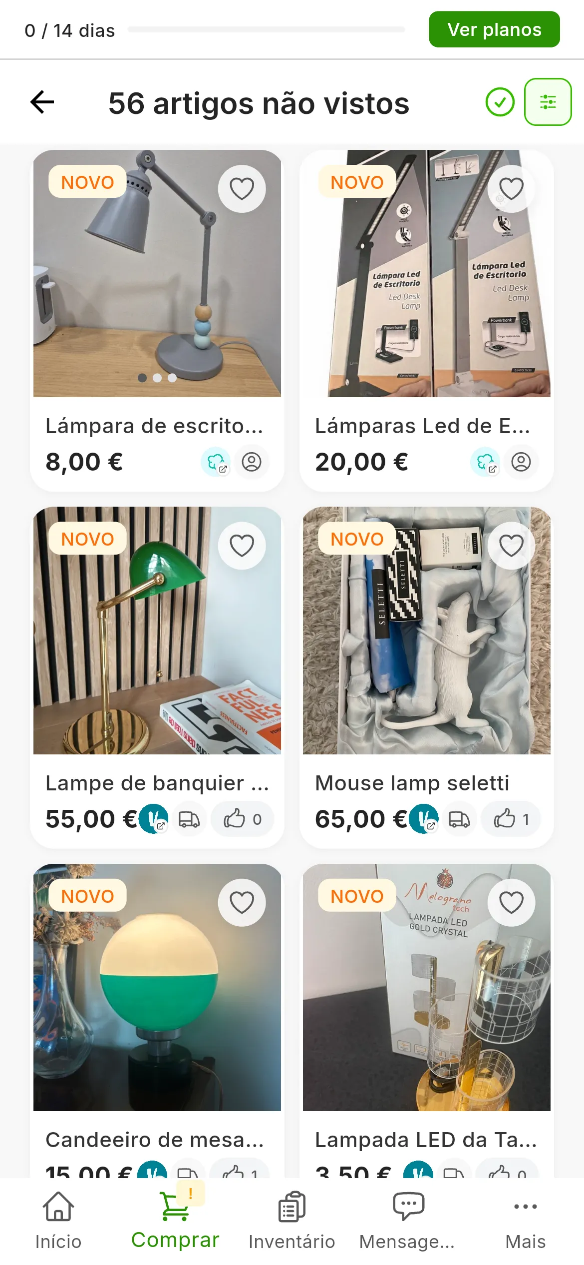 Os artigos que os alertas encontraram, com a etiqueta NOVO, e em cima o botão Marcar tudo como visto