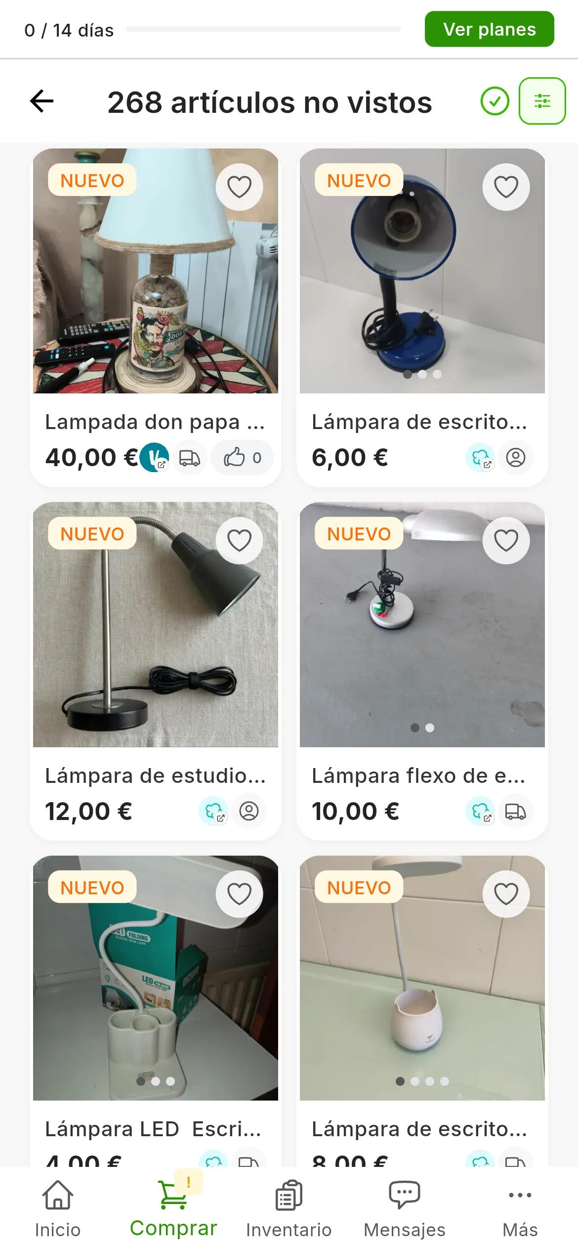 Los artículos que han encontrado los avisos, con la etiqueta NUEVO, y arriba el botón Marcar todo como visto