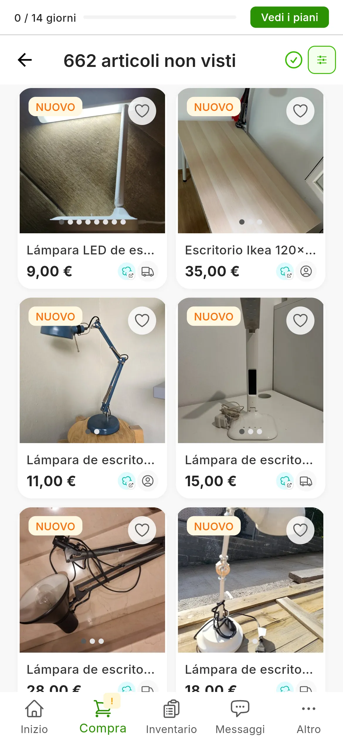 Gli articoli trovati dagli avvisi, con l'etichetta NUOVO, e in alto il pulsante Segna tutto come visto
