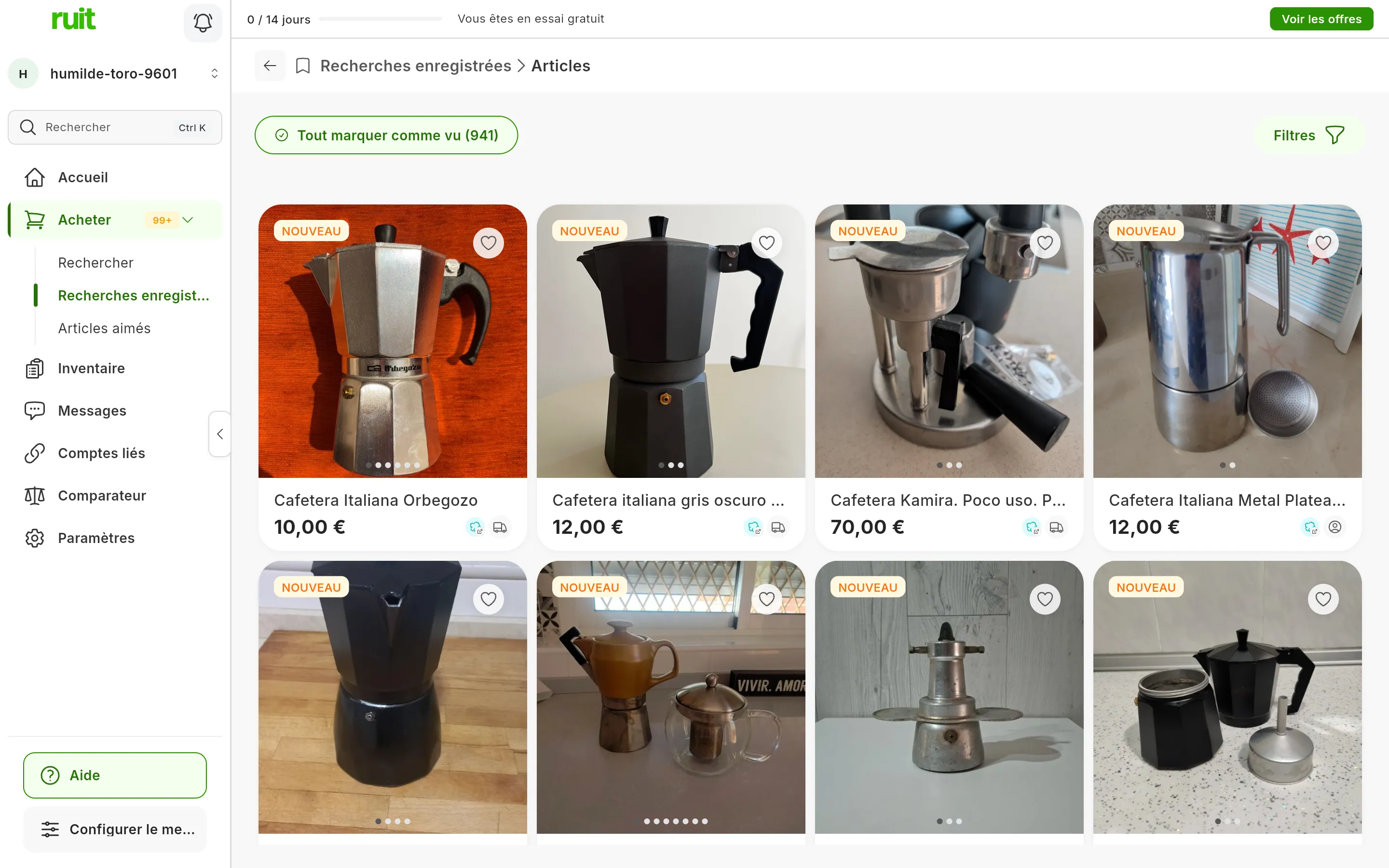 Les articles trouvés par les alertes, avec l'étiquette NOUVEAU, et en haut le bouton Tout marquer comme vu