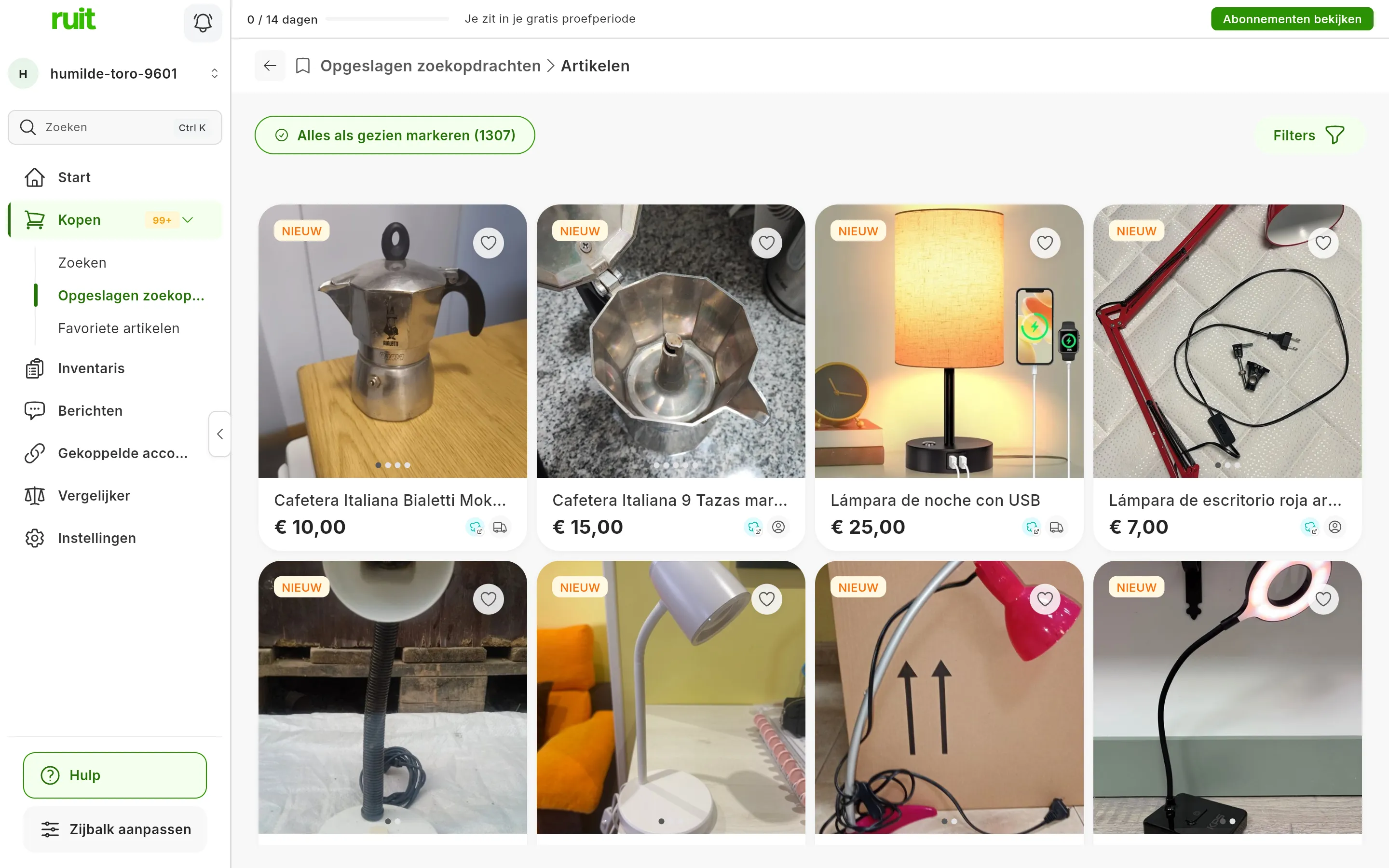 De artikelen die de alerts hebben gevonden, met het label NIEUW, en bovenaan de knop Alles als gezien markeren
