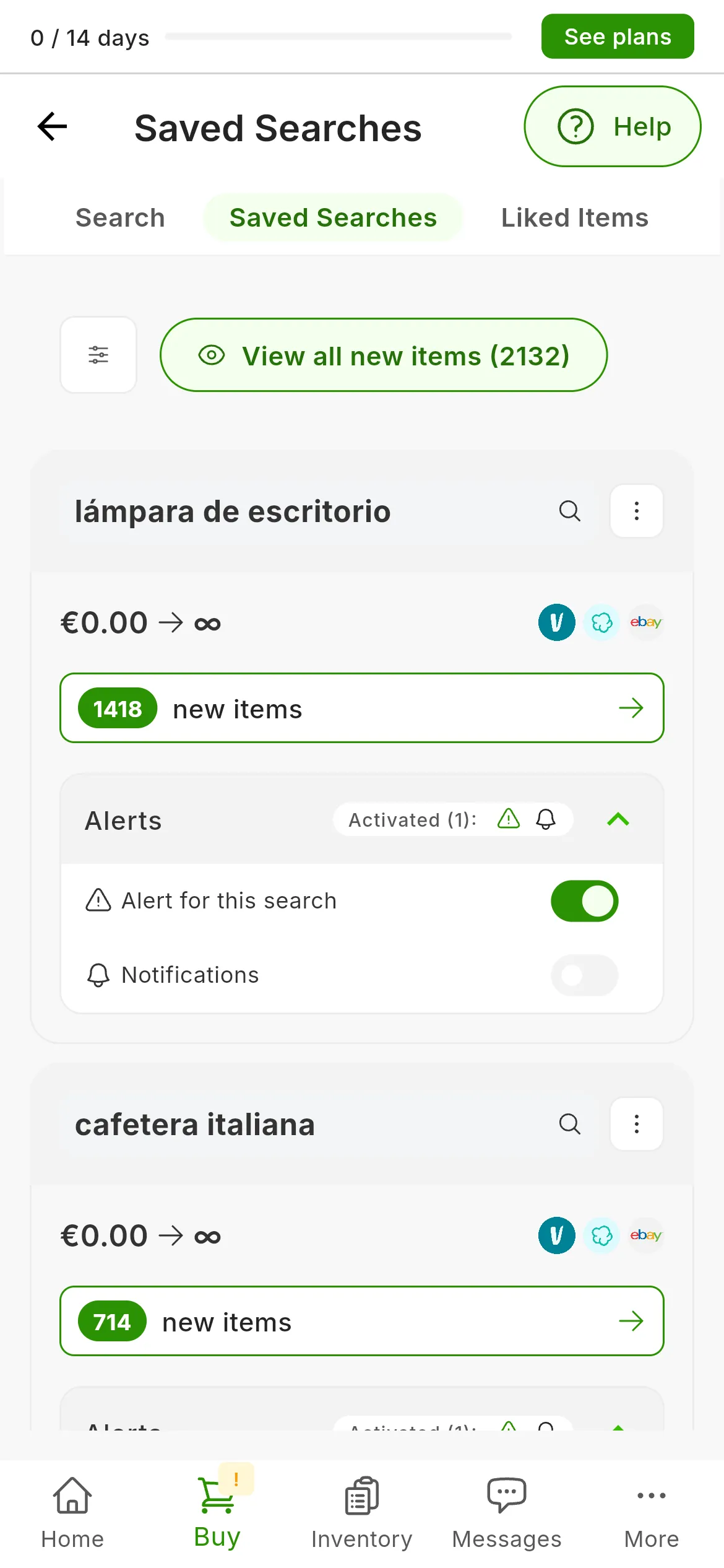 The Saved Searches screen with two cards, lámpara de escritorio and cafetera italiana: on each one, the text with its magnifying glass and its menu, the price range from 0 to infinity, the Vinted, Wallapop and eBay logos, its new items and the Alerts block, with the Alert for this search switch on and the Notifications switch off