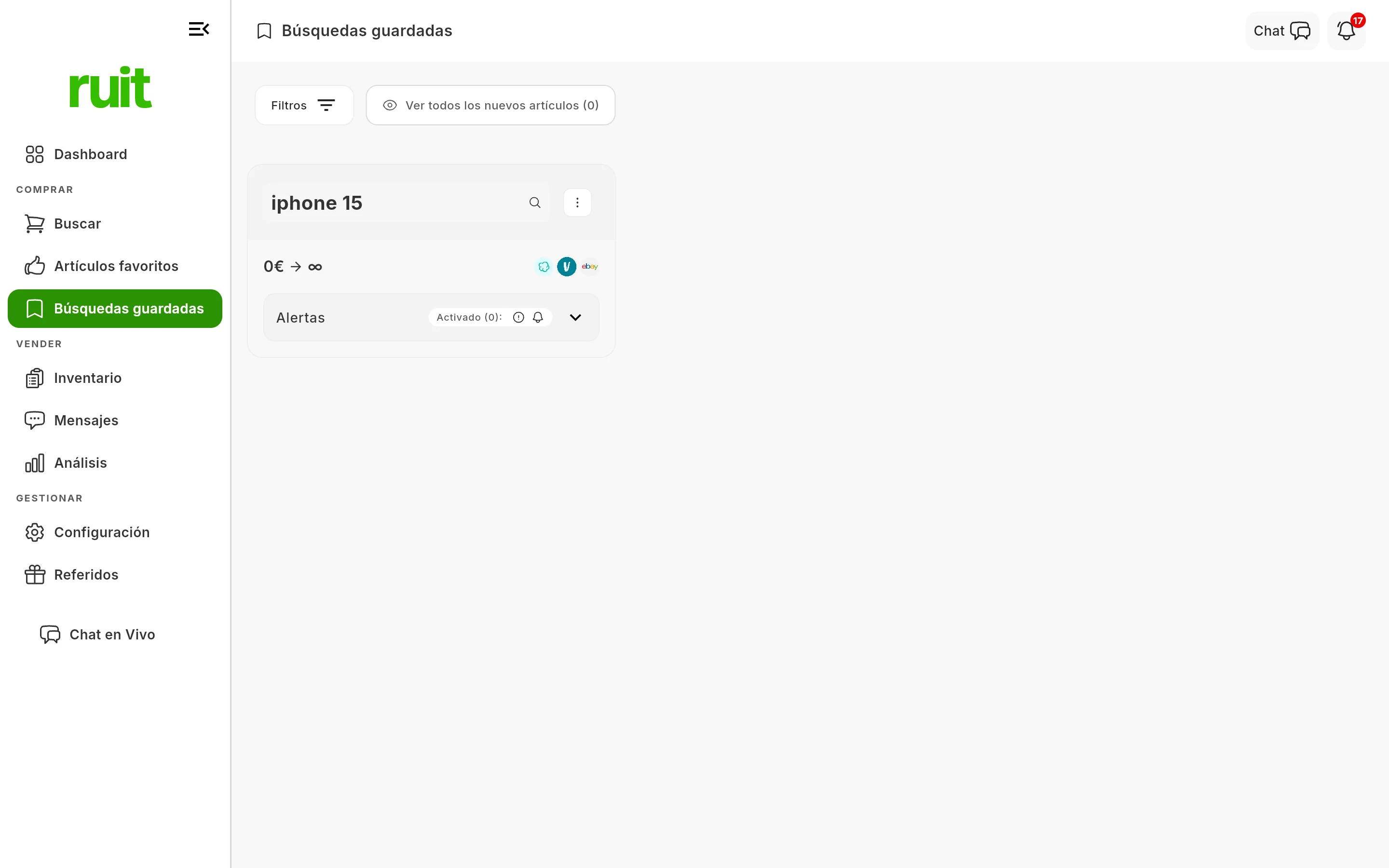 Una tarjeta de búsqueda guardada en su pantalla: arriba el texto buscado en un botón con lupa y, a su derecha, el menú de tres puntos desde el que se edita, se duplica y se elimina.