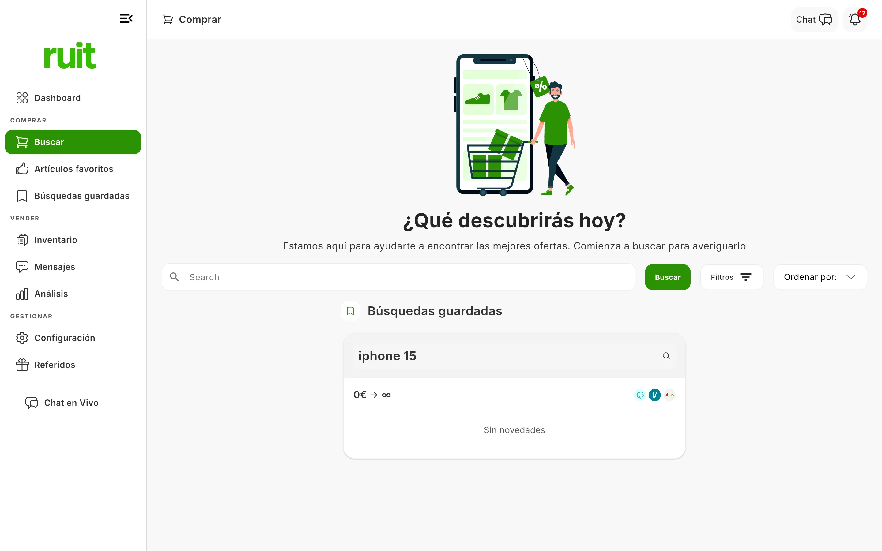 La portada del buscador con el bloque Búsquedas guardadas debajo del campo de búsqueda, mostrando una tarjeta con el texto guardado, su rango de precios y los logos de los marketplaces que vigila.