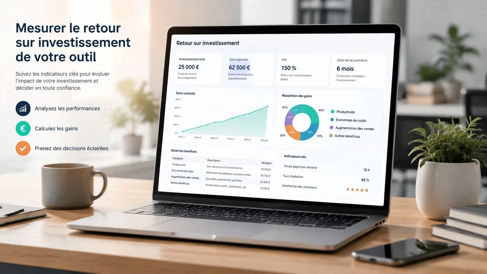 Ordinateur portable affichant un tableau de bord professionnel mesurant le retour sur investissement d'un outil numérique.