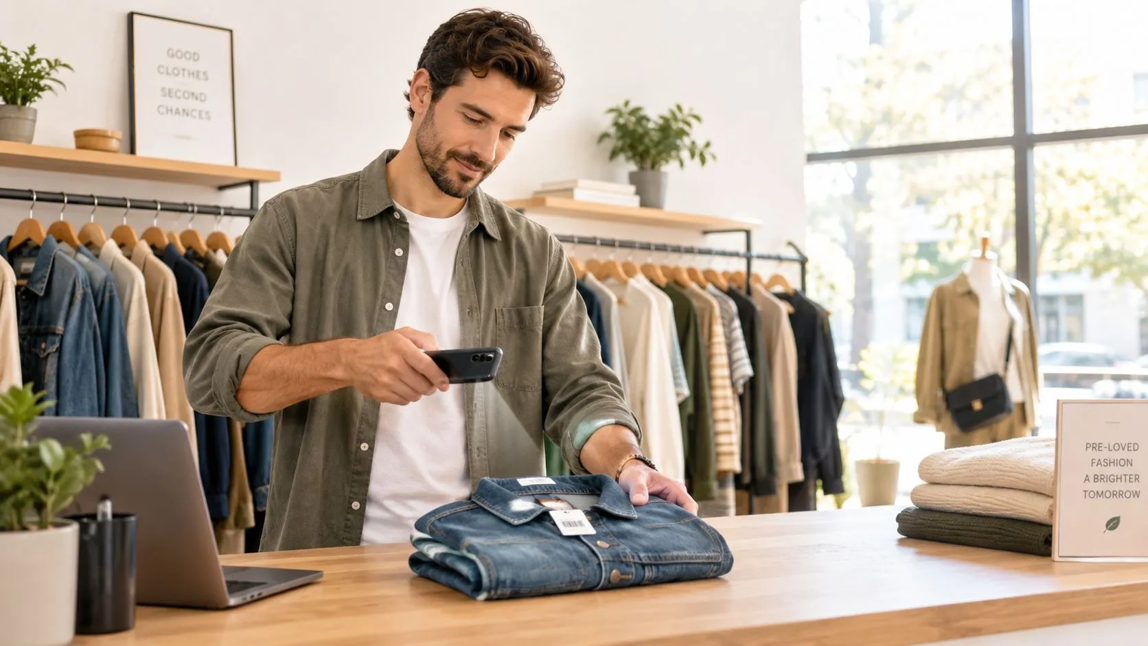 Un jeune homme scannant une chemise en jean pliée avec son smartphone dans une boutique de seconde main.