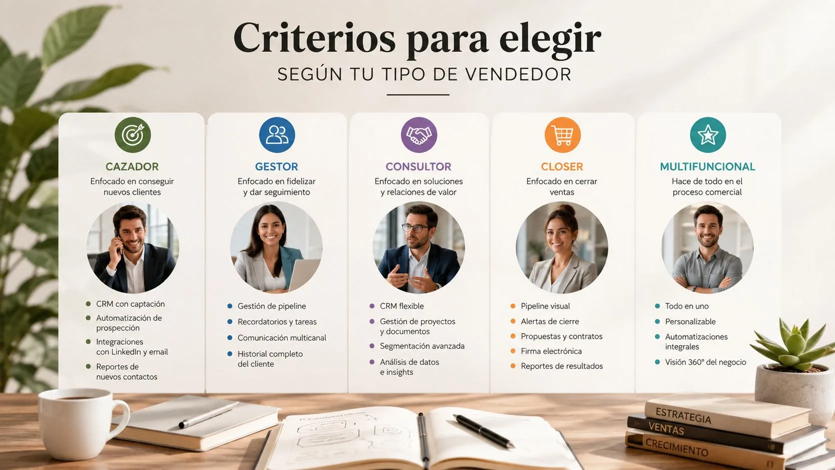 Infografía sobre cómo elegir el software de CRM ideal según el rol y perfil de vendedor.
