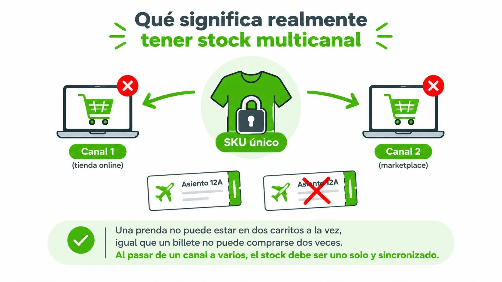 Infografía explicando la importancia de sincronizar el stock único en ventas multicanal para evitar errores de inventario.