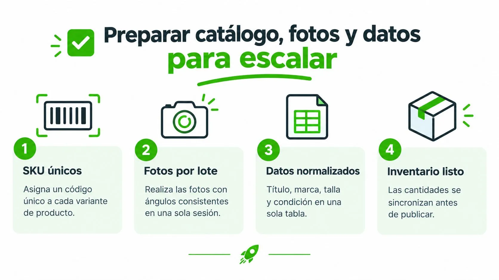Infografía con cuatro pasos clave para optimizar catálogos, fotografías y datos de productos para vender en marketplaces.