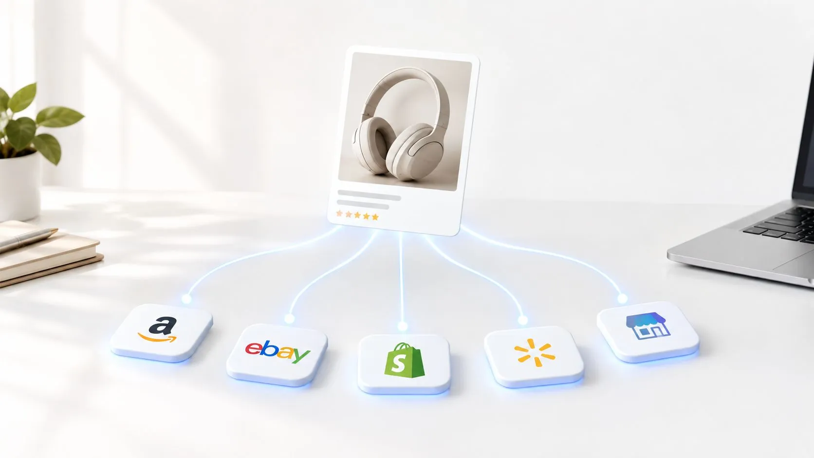 Representación 3D de unos auriculares conectados a múltiples plataformas de venta en línea populares mediante líneas brillantes.