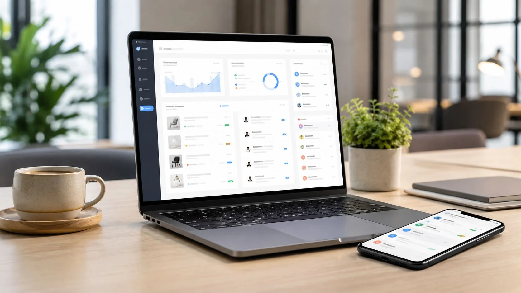 Ordinateur portable et smartphone affichant un tableau de bord de gestion de vente en ligne sur bureau