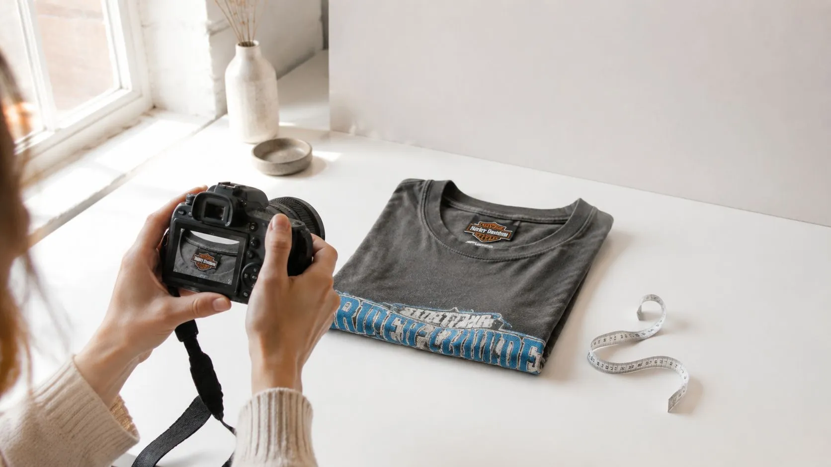 Une personne photographie au reflex un t-shirt Harley-Davidson gris plié sur une table blanche près d'une fenêtre, un mètre ruban posé à côté du vêtement.