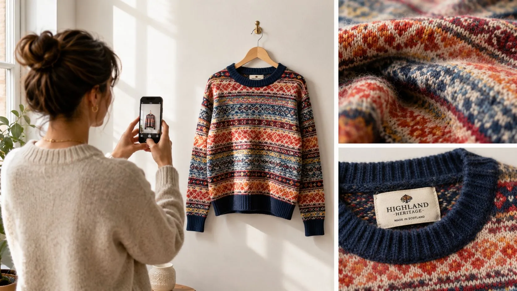 Un pull en laine à motifs suspendu à un mur clair, photographié au smartphone en lumière naturelle, avec deux gros plans : la maille et l'étiquette de col.