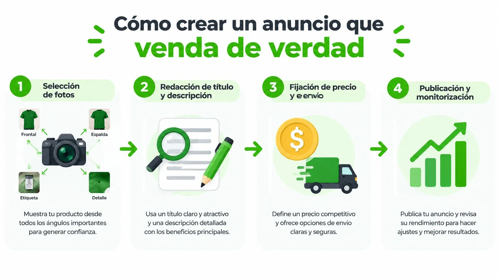 Infografía paso a paso para crear un anuncio efectivo, incluyendo fotos, descripción, precio y monitorización del producto.