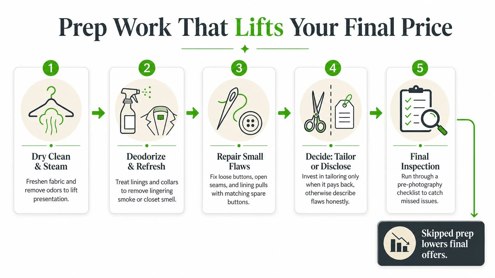 A five-step infographic showing clothing preparation tips like cleaning, repairing, and tailoring to increase resale value.