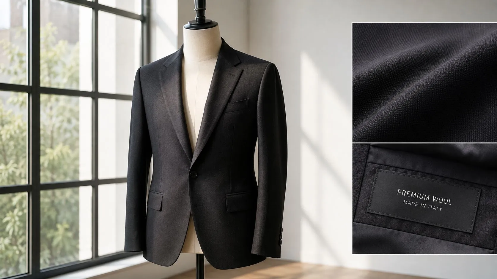 A black premium wool tailored suit jacket displayed on a mannequin in a bright indoor setting.