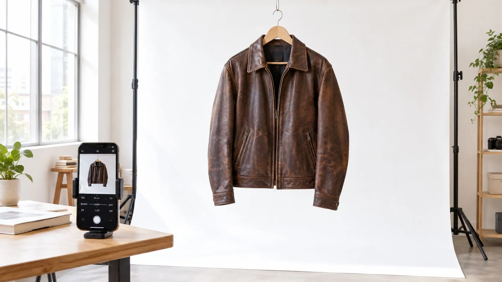 A brown leather jacket hangs on a hanger in a studio for online product photography.