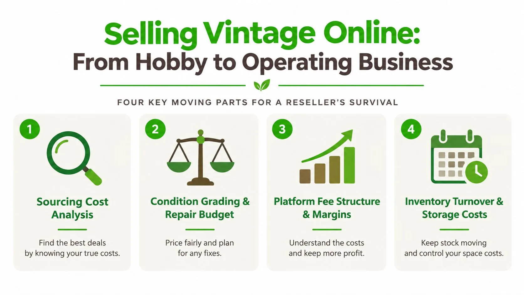 An infographic titled Selling Vintage Online showing four key steps for operating a profitable resale business.