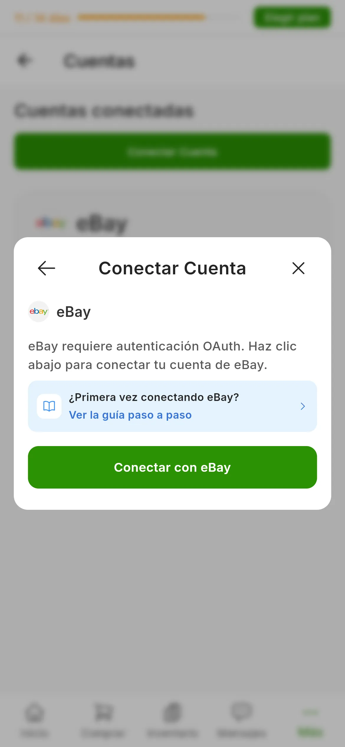 El diálogo de conectar eBay en RUIT: la explicación de que eBay requiere autenticación OAuth, el enlace a esta guía y el botón de conectar con eBay