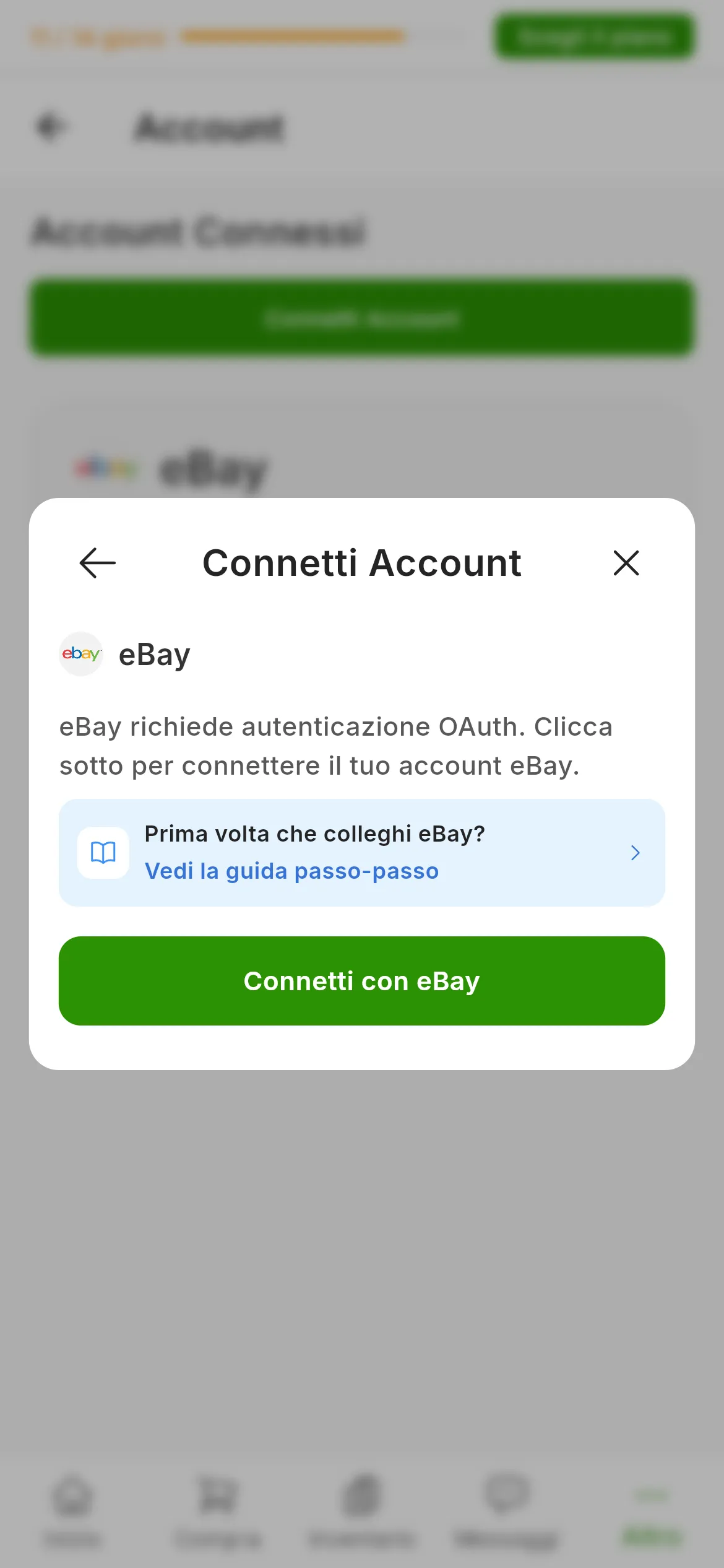 La finestra per collegare eBay in RUIT: la spiegazione che eBay richiede l'autenticazione OAuth, il link a questa guida e il pulsante per connettersi con eBay