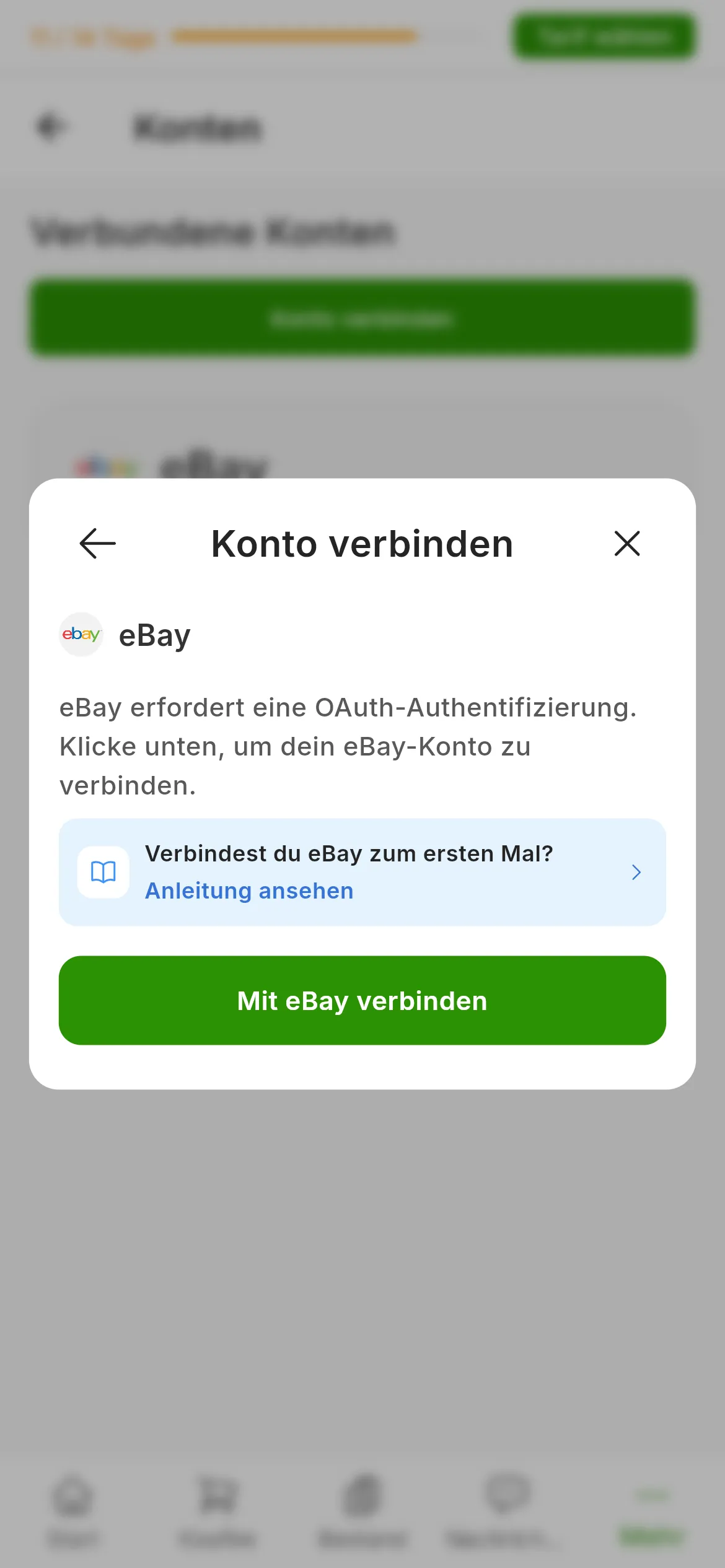 Der Dialog zum Verbinden von eBay in RUIT: die Erklärung, dass eBay eine OAuth-Authentifizierung erfordert, der Link zu dieser Anleitung und die Schaltfläche Mit eBay verbinden