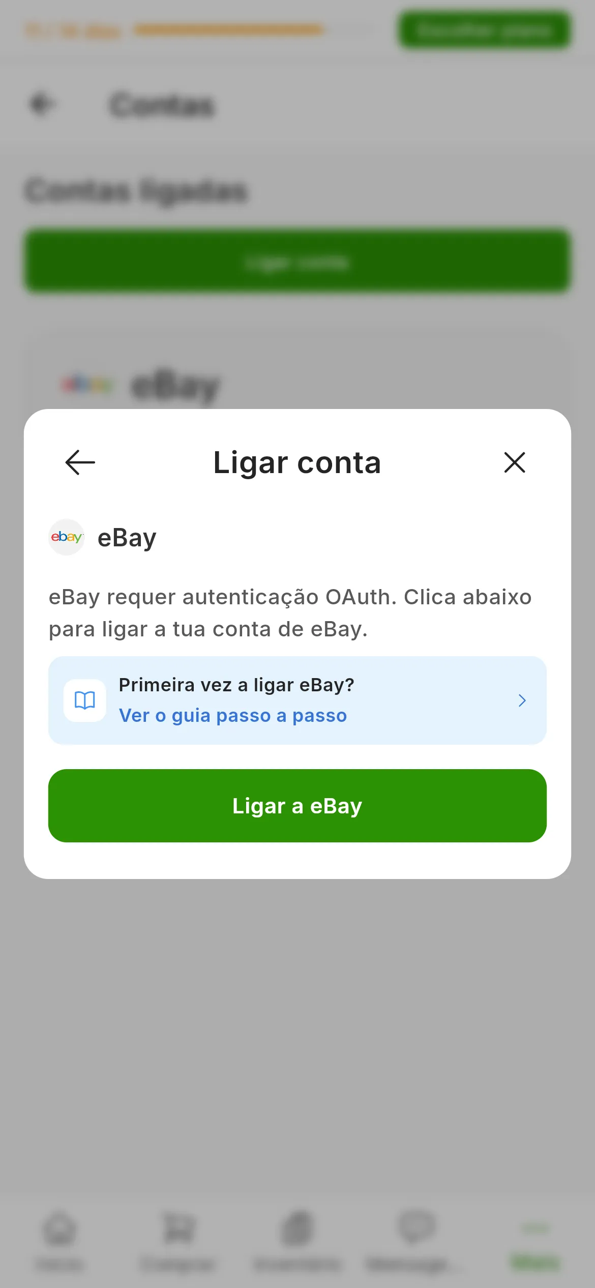A janela de ligar o eBay no RUIT: a explicação de que o eBay requer autenticação OAuth, o atalho para este guia e o botão Ligar a eBay