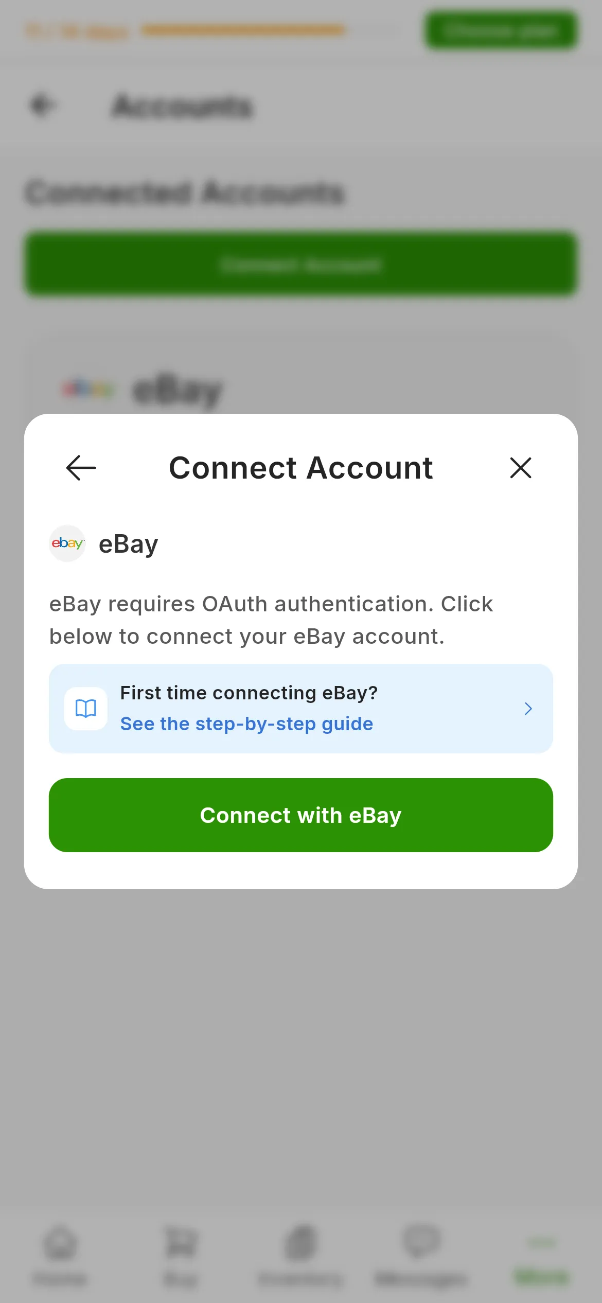 The dialog for connecting eBay in RUIT: the explanation that eBay requires OAuth authentication, the link to this guide and the Connect with eBay button